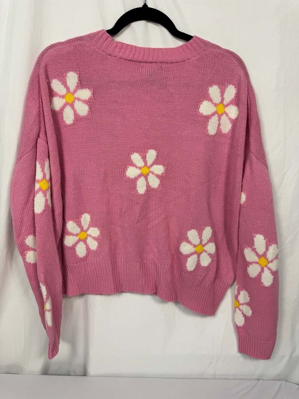 Just Polly Pink Daisy Flower Knit Cardigan Sweater Size L - Picture 2 of 5